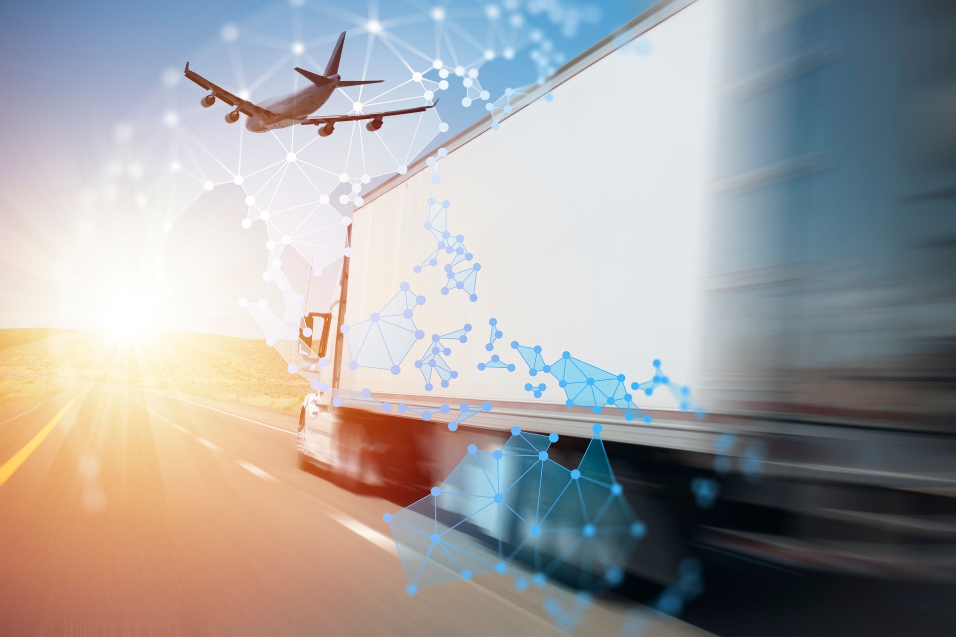 Container Truck on Highway and Cargo Airplane Flying with Pan Asia Pac Polygon Network Globe Background